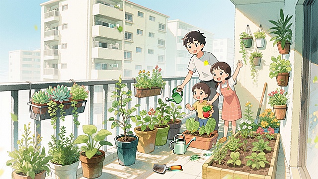 充满活力的社区微花园场景，家庭在阳光明媚的阳台上快乐地种植花草蔬菜，盆栽和垂直花盆中郁郁葱葱的绿植，小型园艺工具，洒水壶，温暖的阳光，水彩风格插画，柔和自然光线，背景有居民楼，欢乐氛围，细节丰富的多肉植物、香草和开花植物，横版构图，16:9比例，社区活动海报风格，绿色生活主题