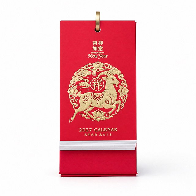 产品精修, 产品置于纯白背景上, 专业商业棚拍光, 5500K标准中性白光, 轮廓光, 体积光, 曝光正确, 强烈真实立体感, 提亮黑色/深色区域的结构层次, 拉开明暗过渡, 恢复部件边界、接缝、转折面和厚度关系, 避免一片死黑但保持原图深色属性, 接地处保留干净浅淡的自然接触阴影, 严禁大片投影、脏灰阴影和悬浮感, 主体居中, 商品完整入画不裁切, 商品外轮廓视觉体量约画面60%-80%, 四边均匀留白约10%-20%, 严禁满幅铺满与贴边顶满, 极致超清画质, 细节清晰锐利, 4K分辨率, 商业级实拍质感, 保留原图真实材质与结构细节, 明显提升商品表面洁净度, 清理灰尘、污渍、指纹、油污、胶痕和霉点, 让表面从脏旧发闷变为干净可售卖状态, 修复划痕、磨损、掉漆、飞边毛刺和使用旧痕, 翻新为干净商业新品感, 基于原图材质恢复纹理、颗粒、折射、高光、柔韧折痕、透明边线或工艺细节, 避免糊成塑料感, 去除非售卖主体杂物、临时垫块、包装垫、支撑块、纸片或填充物, 严禁误删商品结构, 锁定原图商品颜色, 颜色以输入图为唯一参考, 分段部件颜色边界按原图锁定, 还原真实物理色彩, 消除灰暗感和偏色, 锁定原图商品轮廓、件数、部件位置、连接关系、标签文字和可见功能细节, 只做精修不重绘结构, 台历红色封面纸张: 哑光/半哑光纸质质感, 柔和漫反射, 低高光, 烫金吉祥如意羊年剪纸图案区域: 光面金属质感按原图锁定, 高光边线清晰, 反射干净但不过度镜面化, 红色底座: 哑光/半哑光纸质质感, 柔和漫反射, 低高光, 金属挂环: 光面金属质感按原图锁定, 高光边线清晰, 反射干净但不过度镜面化, 正视图, 标准透视校正, 正常透视焦段, 保持同类机位, 比例1:1