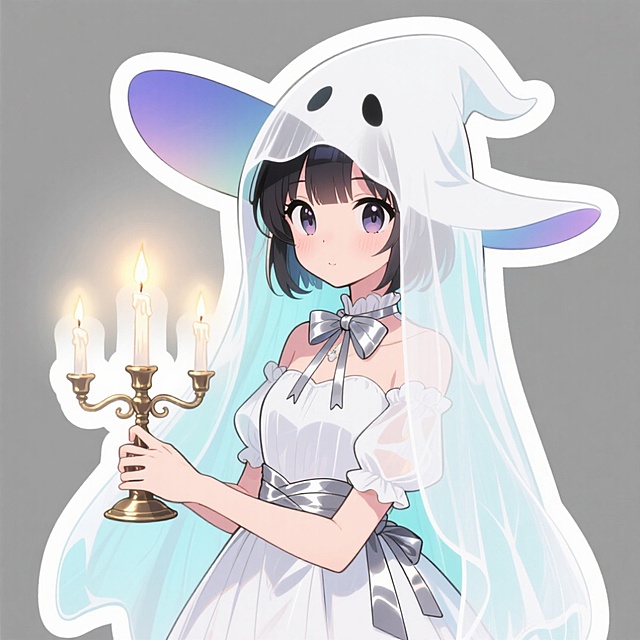 梦幻水彩风动漫少女，拟人化幽灵头纱，手持烛台，光影柔和，唯美感与可爱感交织，节日氛围温馨神秘。