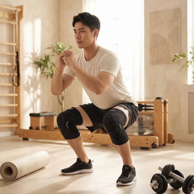 保持护膝原样，361°Logo不可变，保持主体物理结构不变，电商主图风格，国内电商时尚画报种草感，全屋漫射柔光，低对比度，画面明亮干净通透，莫兰迪低饱和暖白色系，男士穿着护膝在室内健身房做深蹲训练的场预览效果