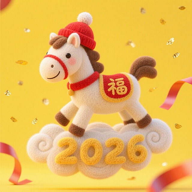 戴绒球红帽的卡通小马，穿绣 “福” 字新年装，踩在祥云上，“2026” 嵌在祥云纹里，明黄背景落金粉彩带