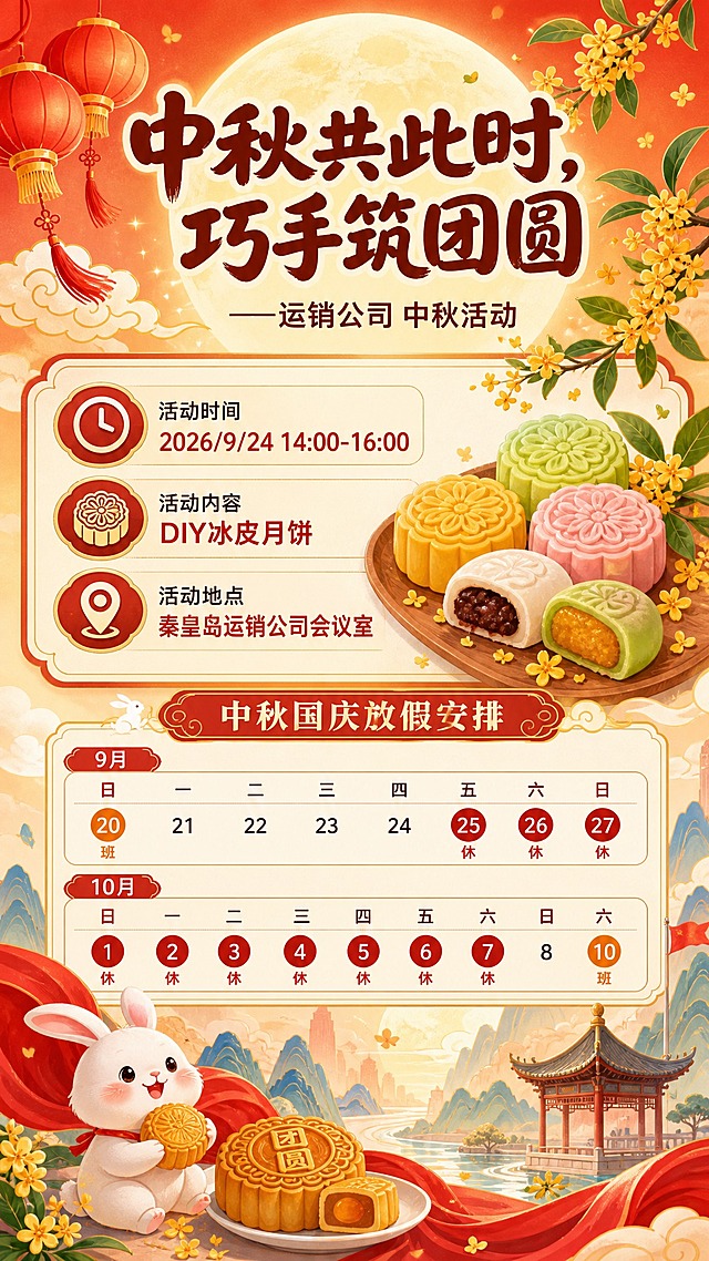 竖版中秋活动通知海报，9:16比例，新中式国风，红橙黄暖色调，年轻活泼。顶部标题区：主标题"中秋共此时，巧手筑团圆"使用圆润活泼的艺术字体，深棕红色，醒目大气；副标题"——运销公司 中秋活动"在主标题下方，简洁现代字体。背景有圆月、红灯笼、祥云、桂花点缀，喜庆温馨。中部上半部分为活动信息区，占比较大篇幅，信息卡片设计精美：活动时间"2026/9/24 14:00-16:00"配时钟图标；活动内容"DIY冰皮月饼"配月饼图标；活动地点"秦皇岛运销公司会议室"配定位图标；右侧装饰彩色冰皮月饼插画和桂花枝叶，信息区空间充足排版舒展。中部下半部分为中秋国庆放假安排区，篇幅较短，标题"中秋国庆放假安排"，下方两个精简日历表格，只保留涉及休假和调班的日期行：9月日历精简显示9月20日（周日，橙色圈标注"班"）、9月25日-27日（周四至周六，红色圈标注"休"）；10月日历精简显示10月1日-7日（周三至周二，红色圈标注"休"）、10月10日（周六，橙色圈标注"班"）。日历设计简洁美观，格子清晰，放假红色圈标"休"，调班橙色圈标"班"。底部装饰可爱玉兔、月饼、山水亭子、红绸飘带，整体氛围温馨喜庆。画面中所有信息区域、日历表格必须填充完整合理的内容，不得出现空白框、空白占位、横线待填写区域、空单元格。画面中所有数字必须精确渲染，不得错位、遗漏或编造。