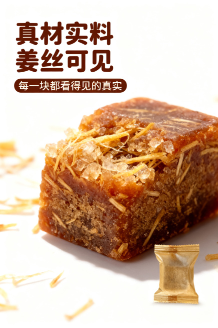 [第3屏] 红糖姜丝质地特写屏，远方安选姜丝红糖细节展示。
[氛围/风格] 微距食欲感，真实自然质感，暖调温馨氛围。
[元素布局] 画面中心是一块拆开独立包装的红糖块，清晰可见红糖固态质地和均匀分布的预览效果