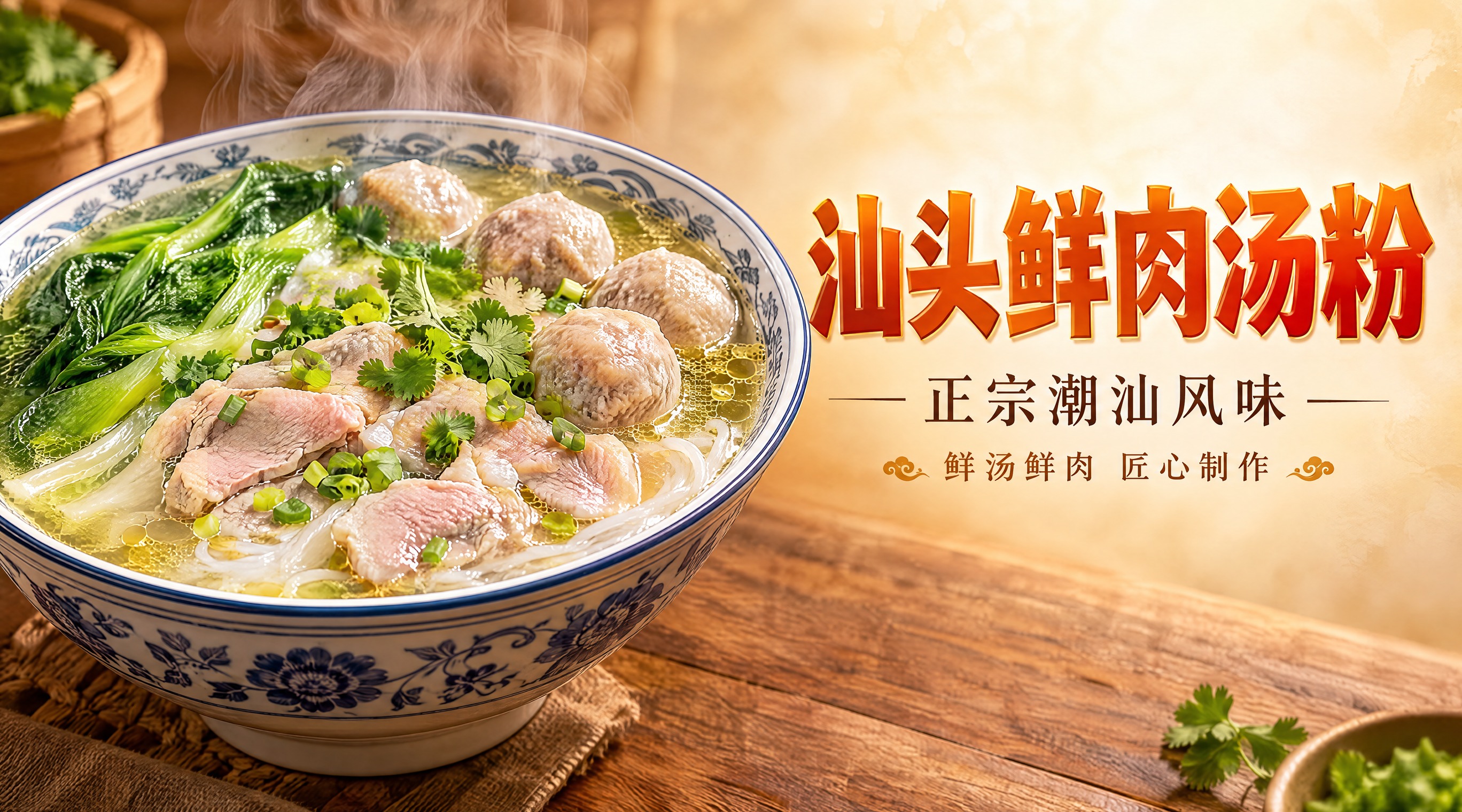 汕头鲜肉汤粉店铺店招设计，702x392横版尺寸。写真风格，有… - 图片创意预览