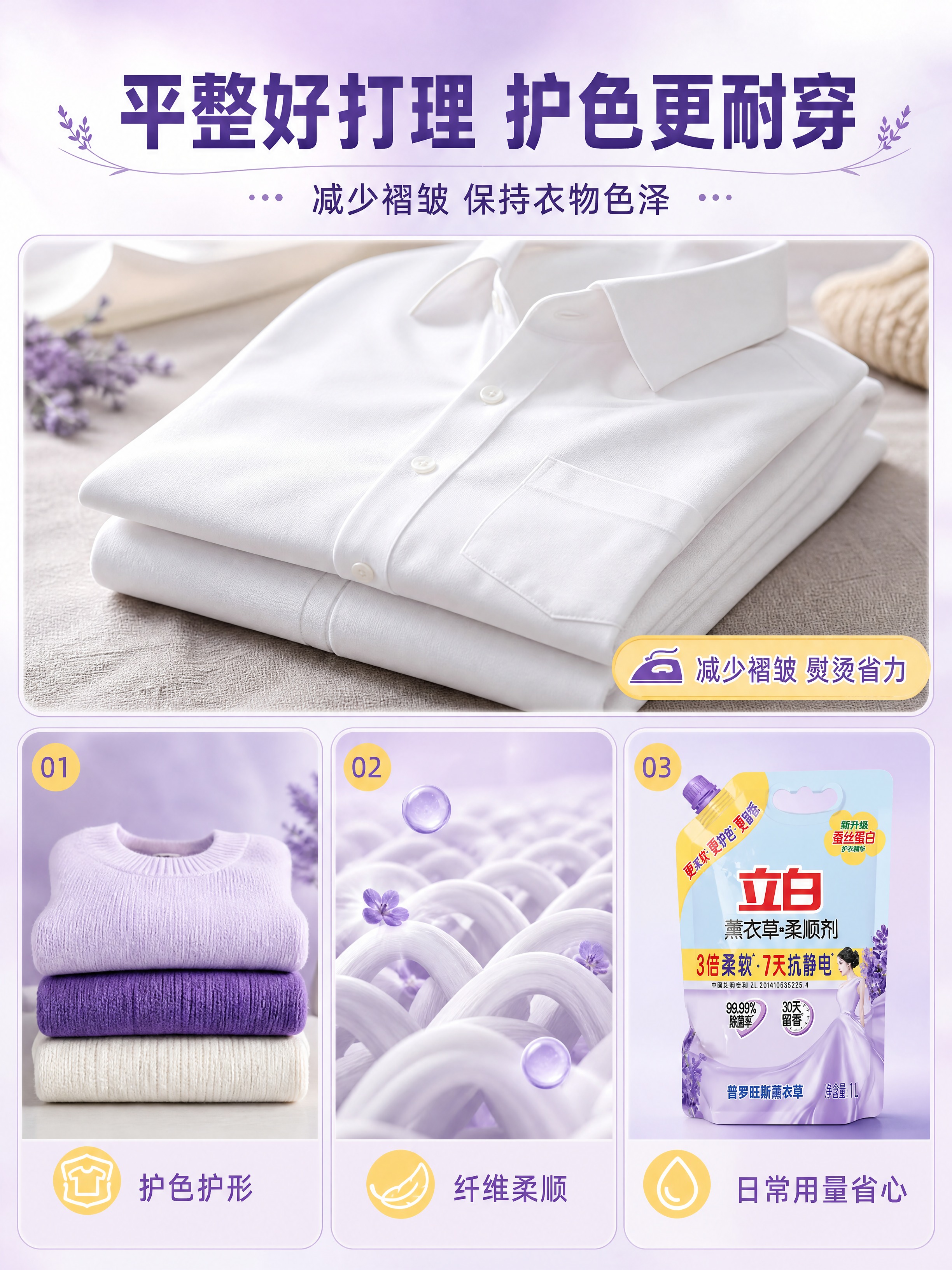 基于【图1】的立白薰衣草柔顺剂袋装图，生成详情页第4张——减少… - 图片创意预览