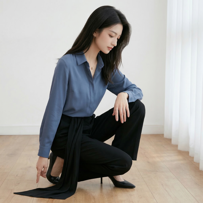 提取并生成左下方第四张蓝色衬衫女装图，保留原图内容，保持清晰画质预览效果