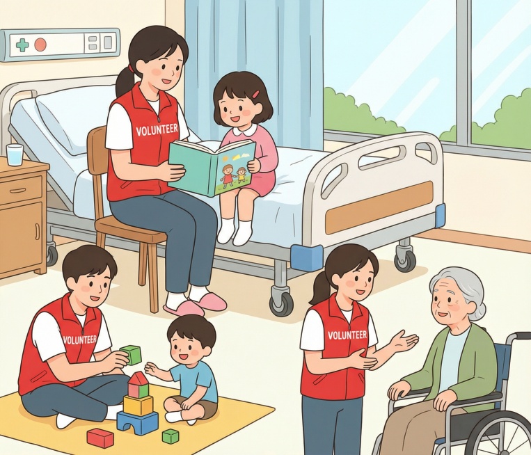 按照参考图的扁平插画风格，生成医院场景的志愿者活动图片，包含志愿者给孩子读书、和孩子做游戏、和患者交谈的画面，志愿者穿着印有"VOLUNTEER"的红色马甲预览效果