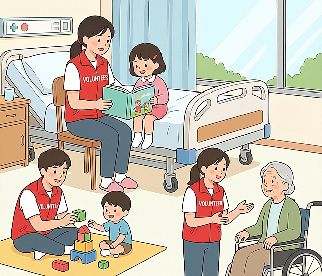 按照参考图风格，生成志愿者活动图片，图片场景是hospital，图片内容要表达含义的短语是：read to kids, play games with kids，talk with patients