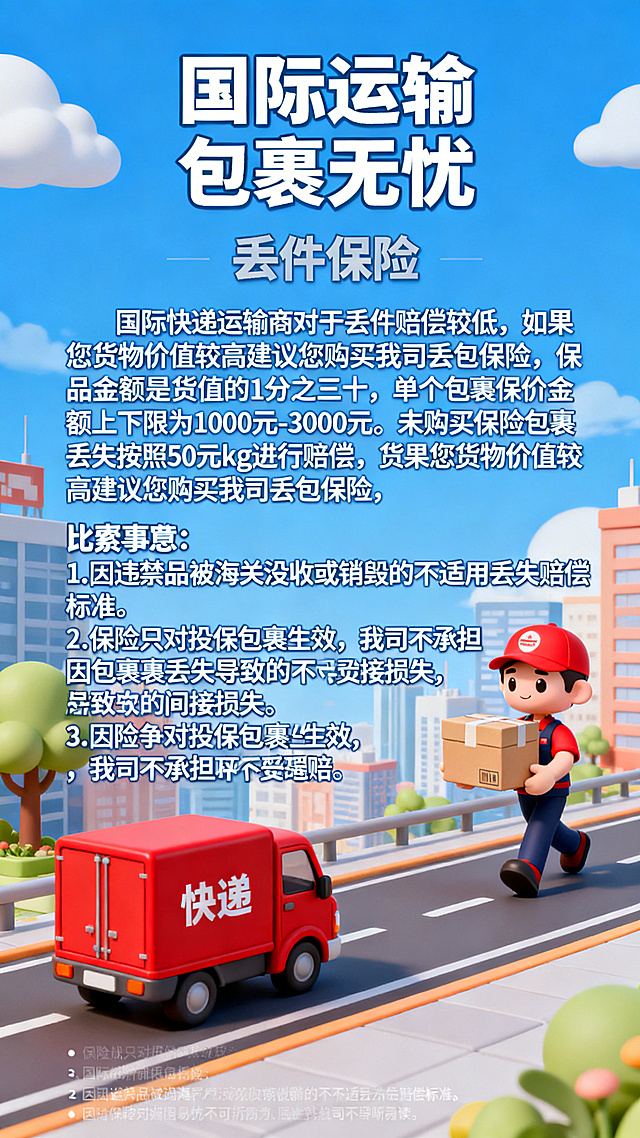 生成和参考图风格一致的国际运输丢件保险宣传海报，整体为扁平卡通城市插画风格，蓝色天空背景，有快递员配送、红色快递车的元素，文字内容：标题为国际运输 包裹无忧，副标题丢件保险，正文：国际快递运输商对于丢件赔偿较低，如果您货物价值较高建议您购买我司丢包保险，保费金额是货值的千分之三十，单个包裹保价金额上下限为1000元-3000元。未购买保险包裹丢失按照50元/kg进行赔偿。货值低于1000元无需购买保险。下方特别声明：1.因违禁品被海关没收或销毁的不适用丢失赔偿标准。2.保险只对投保包裹生效，我司不承担因包裹丢失导致的间接损失。3.因战争、自然灾害等不可抗力因素导致的丢失不受理赔。