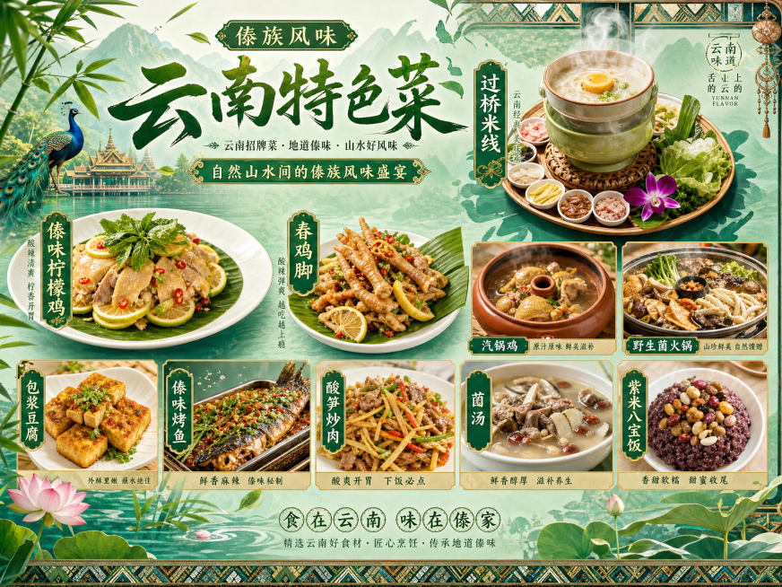 云南特色菜招牌菜单图，傣族民族特色风格，浅绿色为主色调，展示云南招牌菜品，比例4:3，创意民族风设计，底图预览效果