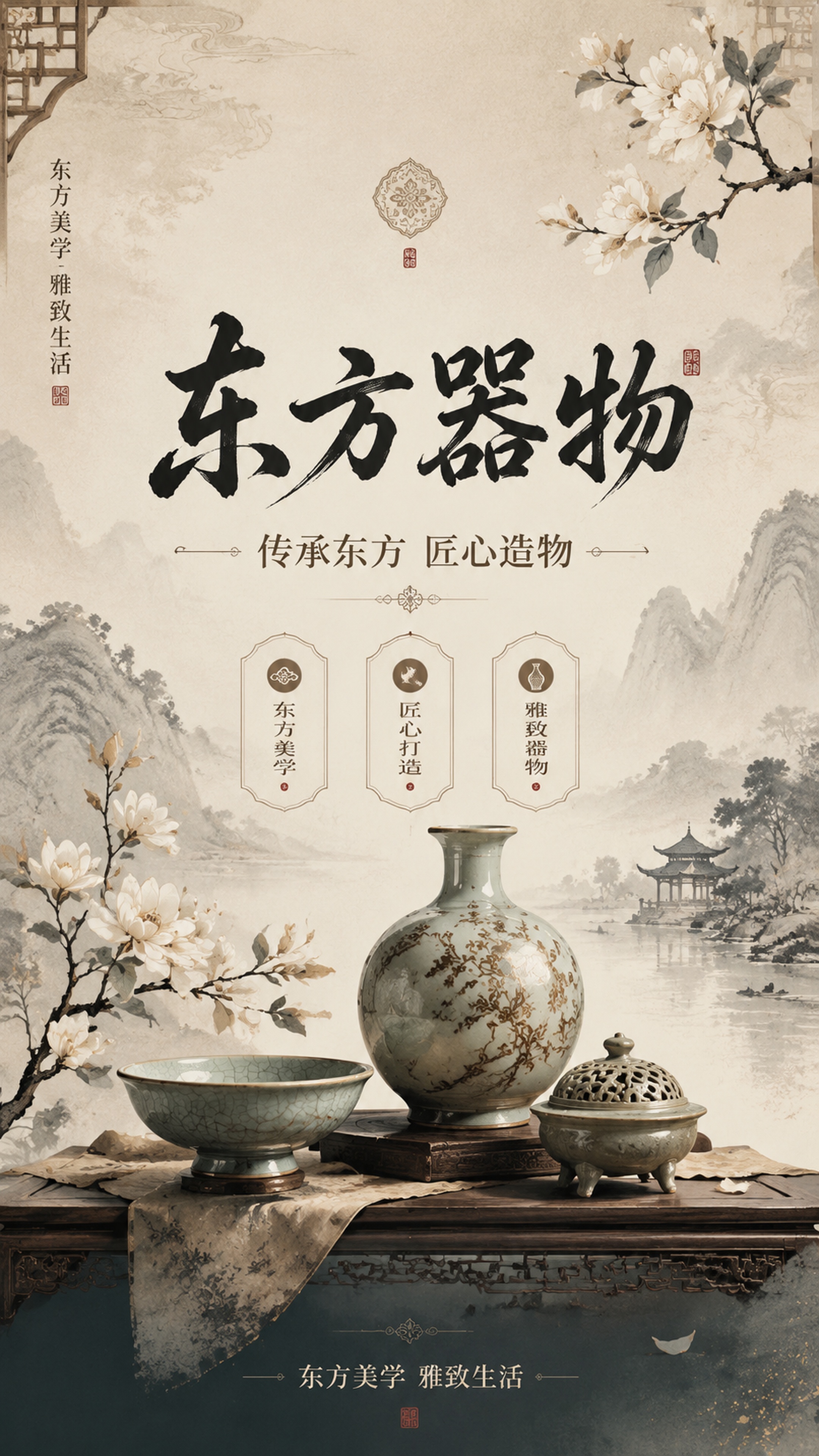 古风风格东方器物主题宣传海报，主标题“东方器物”，副标题“传承… - 图片创意预览