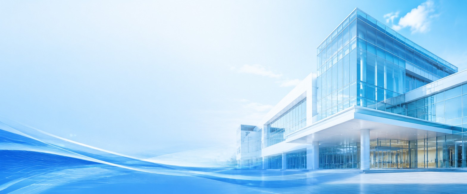 现代简约会议宣传展板背景，仅保留现代医院玻璃幕墙建筑外观，左侧是浅蓝色干净渐变背景，底部搭配蓝色流线科技感装饰，整体风格专业大气，没有人物、没有任何文字，保持画面干净简洁，适合作为企业宣传展板背景，写预览效果