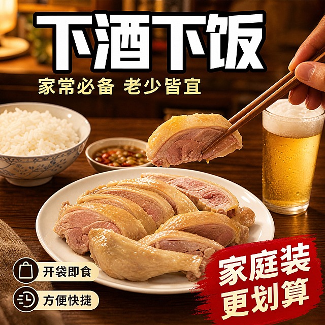 [主图-4] 食用场景 家庭餐桌 下酒下饭 老少皆宜
[统一基调] 拼多多风格 大字直白 性价比感 中式传统卤味风 暖色调 深棕木色背景 主标题粗黑体白字加黑描边 强调色朱红 辅助文案浅黄 整体食欲感强 1:1正方形
[画面] 温馨家庭餐桌场景 木质餐桌上摆放着一盘切好的盐水鸭腿片 整齐码放在白瓷盘中 约6-8片 鸭皮金黄 肉质粉嫩 盘子旁边有一碗白米饭 一小碟蘸料 一双筷子 还有一杯啤酒 背景是模糊的家庭厨房环境 暖黄色灯光 营造家常温馨的用餐氛围 画面有一只手正用筷子夹起一片鸭腿的动态 体现食用场景
[光影质感] 暖黄色室内灯光 柔和自然 食物色泽诱人 餐桌有真实木纹质感 整体生活化美食摄影风格 温暖有烟火气
[配色] 背景暖木色 鸭腿金黄粉嫩 白米饭洁白 啤酒金黄泡沫 标题白色粗黑体加黑描边 强调字朱红色
[文字版式] 画面上方大字主标题 下酒下饭 粗黑体白色加黑描边 主标题下方辅助文案 家常必备 老少皆宜 暖黄色小字 左下角有 开袋即食 方便快捷 两个小图标加文字 右下角有 家庭装 更划算 朱红色标签 文字放在画面上下区域 不遮挡餐桌主体
[输出要求] 1:1比例 2048px 文字清晰可读 产品清晰真实 禁止变形 错字 模糊 杂乱 水印 平台Logo 禁止出现拼多多字样或Logo