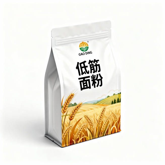 " 低筋面粉自立袋包装设计，45 度侧前方视角（略微俯视）；包装正面中文 ' 低筋面粉 '，顶部logo 'GAO DING'；包装插图：麦田插图；纯白色背景，3D 立体渲染，高清质感预览效果