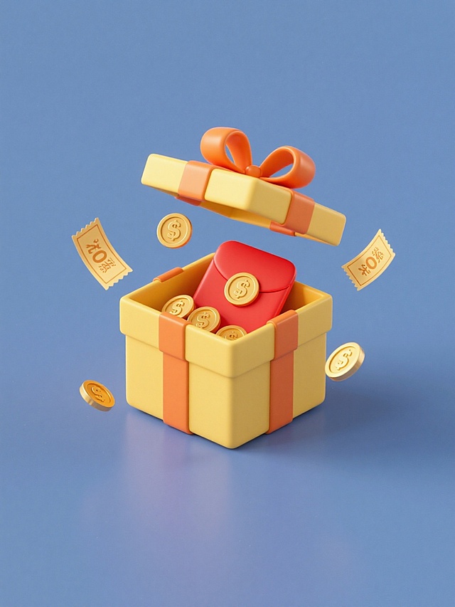 简约现代风格的促销元素系列素材，纯色背景，规整排布的单一元素图案，黄色礼盒带有橙色蝴蝶结，礼盒内打开的红色红包中散落着金色硬币，周围有飘起的金色优惠券，整体造型简洁，色彩明快，充满节日促销氛围