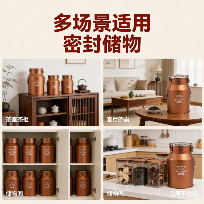 [主图-4] 不锈钢茶叶罐多场景适用展示。
[氛围风格] 家居治愈风，生活感温馨；
[画质] 商业摄影质感、光线柔和通透、产品清晰真实、画面干净高级。
[元素] 四宫格展示，每格展示茶叶罐在一个家居场预览效果