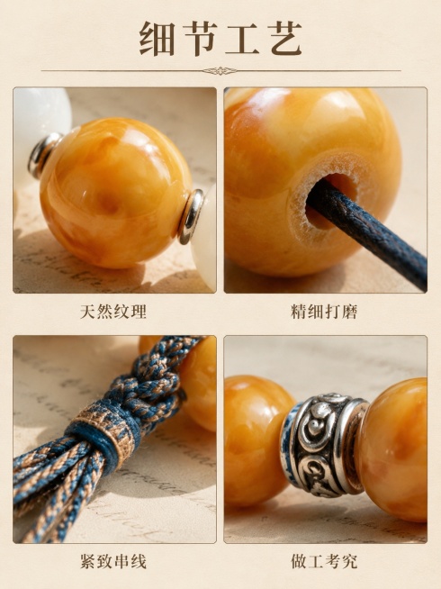 [第4屏] 工艺细节展示-文玩手串材质与工艺微距展示。本屏使用原产品图提取细节进行放大展示。
[标题版式] 顶部居中标题，2×2宫格布局细节图，标题下方细分割线装饰。
[氛围/风格] 专业质感风，浅棕预览效果