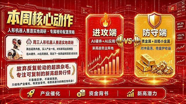 将这张横版金融海报的主色调换成鲜红色，保持所有文案内容和版式结构不变。

调整要求：
- 主色调改为鲜红色/中国红，背景为亮红到深红的渐变，大气喜庆
- 标题文字改为金色或白色，在红色背景上醒目突出
- 科技元素（线条、粒子、网格、光效）改为金色或白色发光，与红色背景形成对比
- 进攻端卡片：保持红橙色调但融入整体红色主题，用金色边框区分
- 防守端卡片：改为金色为主，配红色边框，形成红金搭配
- 信息卡片：红色科技边框，内部浅红或白底，文字深色清晰
- 底部标签栏：红金配色
- 整体风格：红金主色调，大气专业，金融感强，类似券商/基金公司的高端红色海报
- 保留所有图标、哑铃、K线图、金条、机器人等视觉元素，重新配色适配红色主题
- 画面中不出现二维码