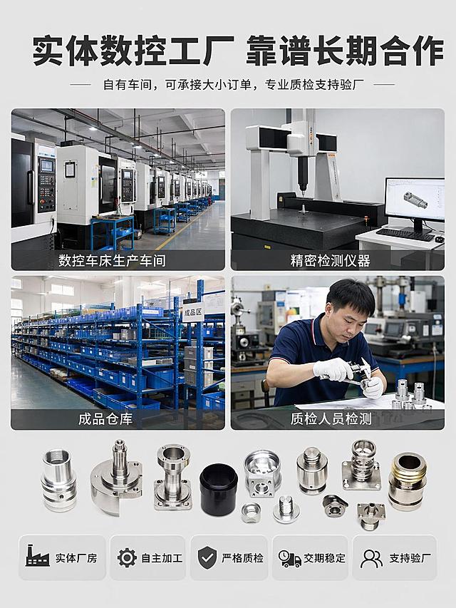 [第7屏] 工厂实力与品控保障展示-实体数控加工工厂实力呈现。本屏使用多图组合排版，嵌入【图1】产品元素。
[氛围/风格] 实力展示风，专业稳重，真实可信。
[元素布局] 顶部主标题，下方四宫格排列四张实拍类场景图：数控车床生产车间、精密检测仪器、成品仓库、质检人员检测；主文案放在顶部，信任标签放在底部，整体多图组合不拥挤，信息层级清晰。
[光影质感] 每张场景图光影自然协调，整体亮度均匀，车间环境明亮真实。
[配色色系] 全局底色#e8e8e8；场景图保留真实环境色调，主标题使用深灰色，底部标签使用圆角浅灰底深灰字。
[视角构图] 四宫格排版，从上到下阅读，主标题→四宫格场景→信任标签。
[文字版式] 顶部主标题“实体数控工厂 靠谱长期合作”；主文案“自有车间，可承接大小订单，专业质检支持验厂”放在标题下方；底部排列五个信任标签：“实体厂房”、“自主加工”、“严格质检”、“交期稳定”、“支持验厂”。
[比例分辨率] 3:4竖版比例，4K分辨率，文字清晰可辨，高清画质。
[负向提示词] 图片拼接错位，文字遮挡主体，排版混乱，变形，水印。