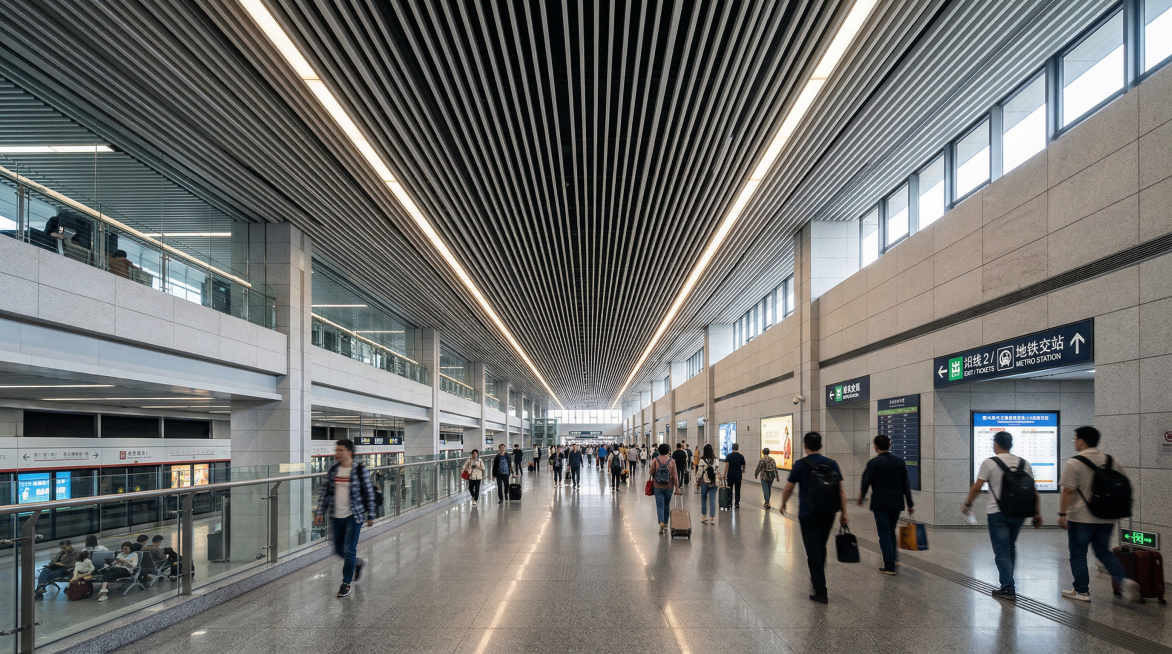 写实风格现代交通枢纽换乘通道，纵深感大空间走廊，天花吊顶使用白色铝方通，搭配长条格栅灯，现代简约高级质感，铝方通材质细节清晰，专业室内摄影，光影层次丰富，透视比例准确，4K高清摄影大片效果预览效果