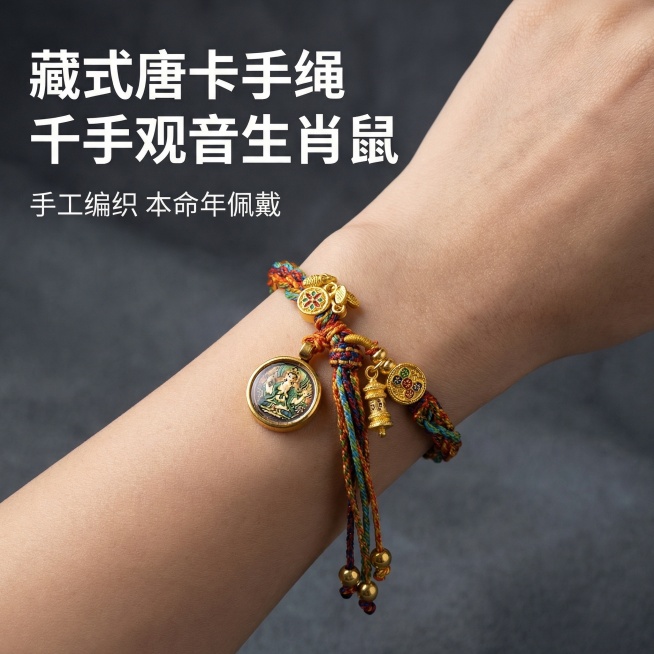 [主图 1] 藏式唐卡手绳轮回链千手观音生肖鼠产品首图；[氛围/风格] 国风禅意，质感高级的实物拍摄风格，简约高级；[画面元素] 产品为原图中的藏式彩色编织手绳，保持产品外观完全一致，手绳佩戴在模特手预览效果