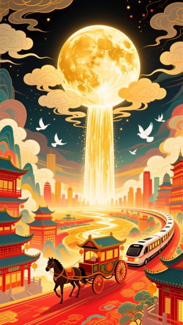 月光如金色的瀑布从圆月（占满画面2/3）上倾泻到底部的全景大地上（马车、动车分别行驶在古建筑和城市间），画面带有发光效果，白鸽飞过，整体画面充斥着华丽的金色和喜庆的红色，奇幻色彩和光影变化，具有丰富的预览效果