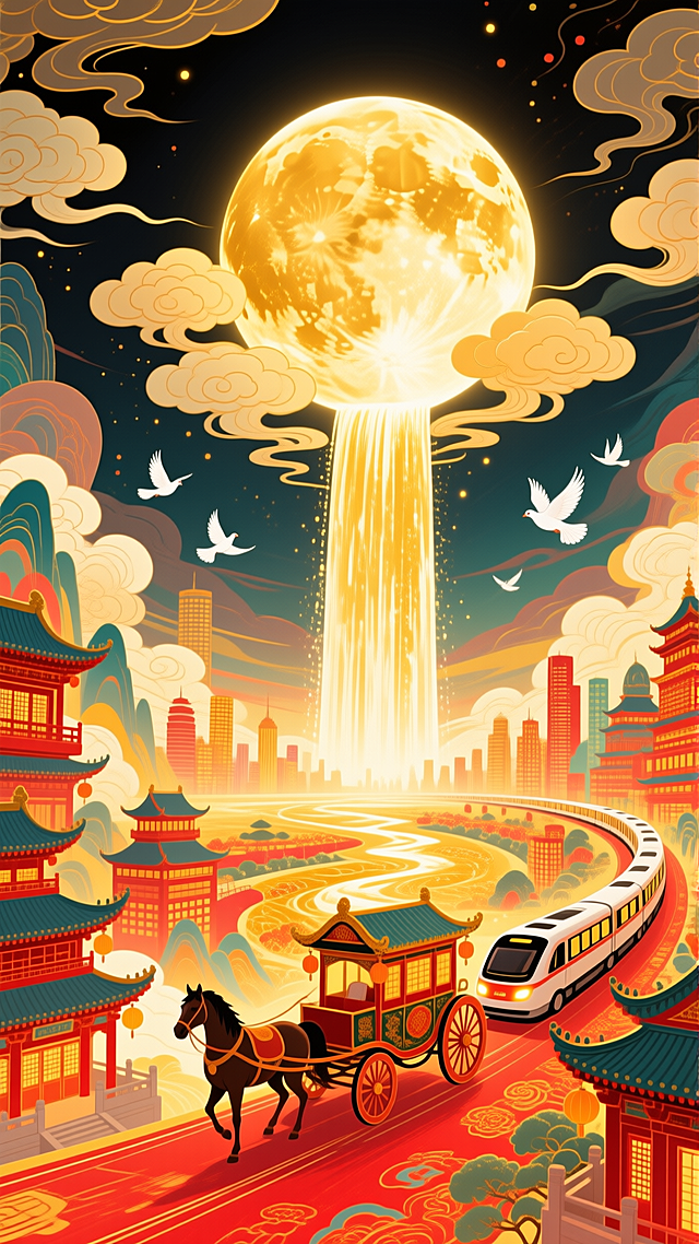 月光如金色的瀑布从圆月（占满画面2/3）上倾泻到底部的全景大地上（马车、动车分别行驶在古建筑和城市间），画面带有发光效果，白鸽飞过，整体画面充斥着华丽的金色和喜庆的红色，奇幻色彩和光影变化，具有丰富的层次感和立体感，体现繁荣昌盛喜庆氛围，梦幻的大透视