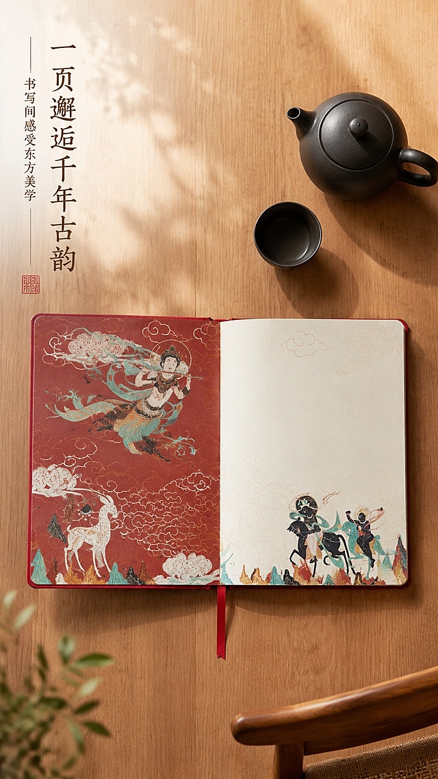 [第2屏] 场景种草-敦煌文创笔记本书房使用场景展示。本屏使用【图8】作为场景参考。
[氛围/风格] 东方雅致生活感，静谧文艺氛围感，实景摄影质感。
[元素布局] 打开的笔记本平铺在原木茶桌上，旁边搭配黑色茶壶做装饰，笔记本居中摆放，占比约65%；桌面保留少量留白，体现中式空间美学；产品外观、内页结构与输入产品图保持一致。
[光影质感] 左侧自然光，柔和阴影，突出内页壁画插画质感，光影层次自然。
[配色色系] 全局底色 #F8F5F0；主色：原木浅棕、敦煌壁画矿物色；辅助色：黑色茶壶点缀。
[视角构图] 俯视平拍，场景自然代入，阅读动线从主体笔记本向四周扩散。
[文字版式] 左上主标题「一页邂逅千年古韵」，副标题「书写间感受东方美学」，竖排排版，文字不遮挡内页主体。
[比例分辨率] 9:16竖版比例，4K分辨率，文字清晰可辨，高清画质。
[负向提示词] 产品变形，内页文字错乱，颜色失真，水印，背景杂乱，透视错误