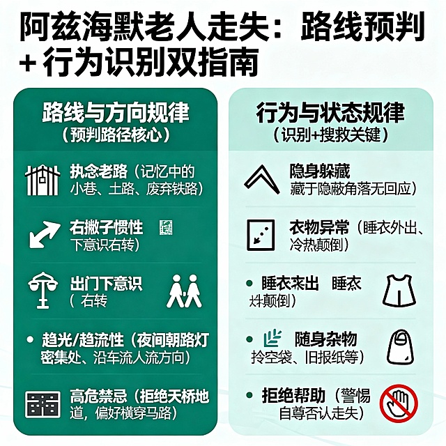 图 4 专项海报 3：路线方向 + 行为状态规律（预判路径 + 识别特征）
【标题】阿兹海默老人走失：路线预判 + 行为识别双指南
【主色】冷静绿
【左侧：路线与方向规律（预判路径核心）】
✅ 4 大路径铁律，精准锁定行走方向
1.执念老路：只认记忆中的小巷、土路、废弃铁路，无视新修大道
2.右撇子惯性：出门下意识右转，沿道路单侧持续行走至遇障碍
3.趋光 / 趋流性：夜间朝路灯密集处走；日常沿车流、人流方向行进
4.高危禁忌：拒绝使用过街天桥、地下通道，偏好横穿马路，风险极高
【右侧：行为与状态规律（识别 + 搜救关键）】
⚠️ 4 大典型特征，快速识别走失老人 / 定位搜寻范围
1.隐身躲藏：藏于隐蔽角落，对呼叫无回应，增加搜寻难度
2.衣物异常：睡衣外出、冷热颠倒，无冷暖判断能力
3.随身杂物：拎空袋、旧报纸等，误认是任务必备物品
4.拒绝帮助：警惕性强 / 好自尊，否认走失错失救助  文字要清晰生成一张图