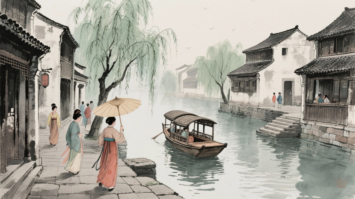唐代江南水乡油纸伞穿梭，柳梢拂水，画舫缓缓划过河面 和之前风格保持一致预览效果