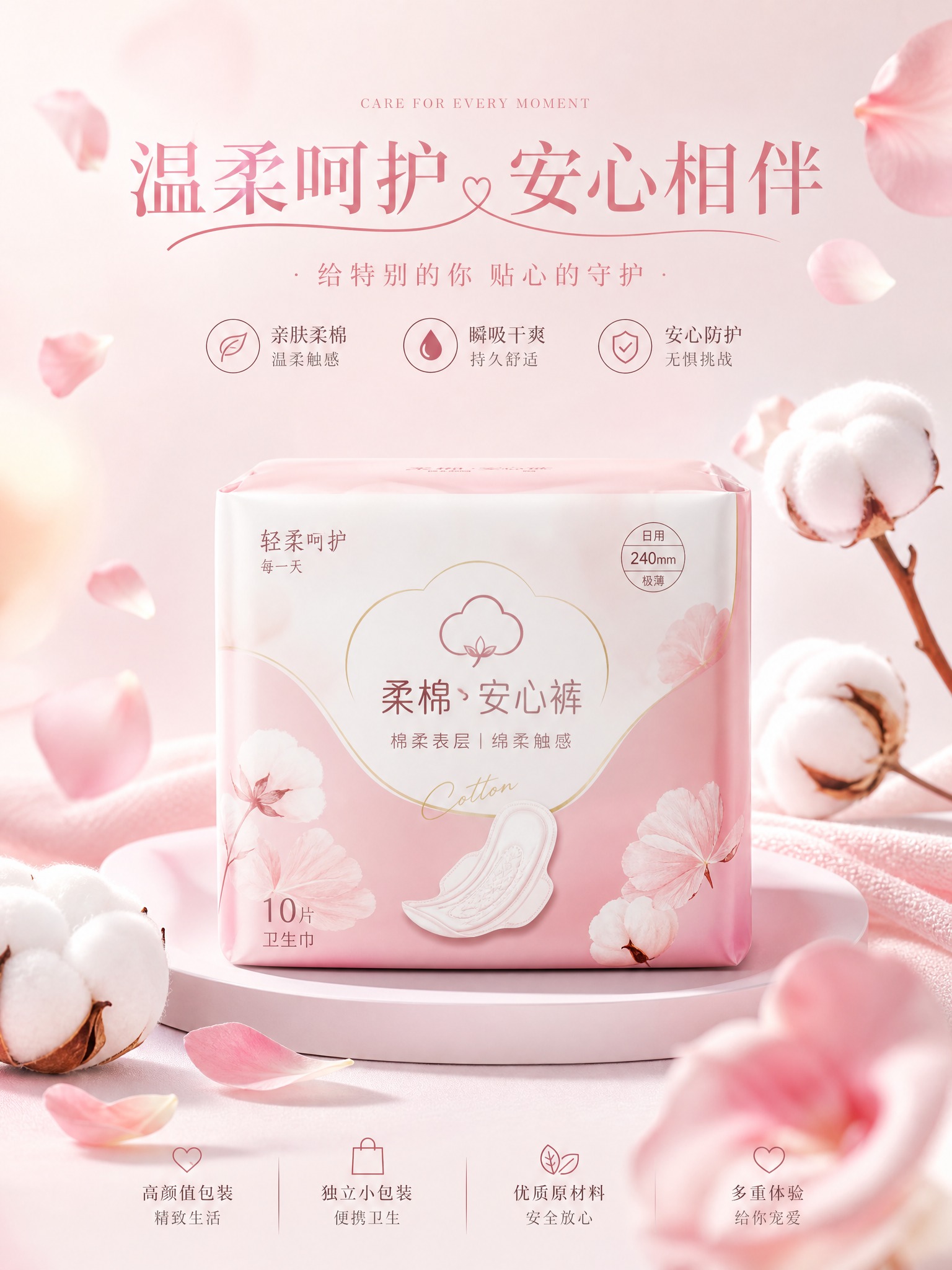 卫生巾产品海报，画面中央展示一包精致的卫生巾产品，包装设计简约… - 图片创意预览