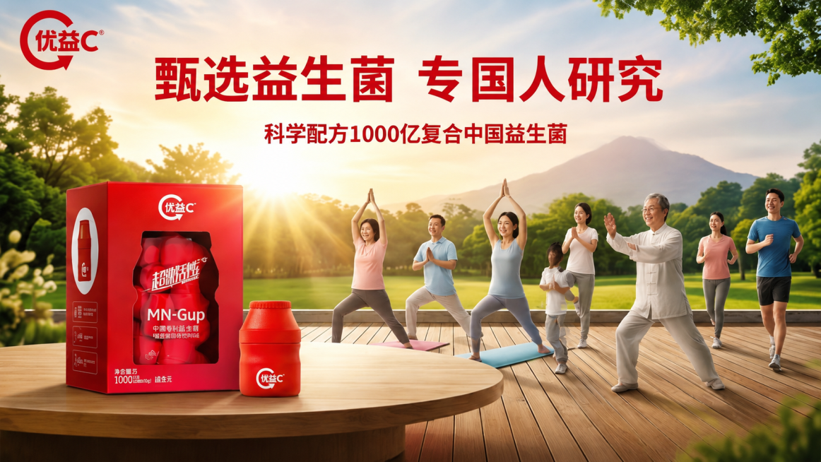 提取原图片右上部分，只保留这张优益C益生菌产品的电商主图，完整保留文案、产品和户外瑜伽背景内容，生成独立图片，文案内容为'甄选益生菌 专国人研究 科学配方1000亿复合中国益生菌'预览效果