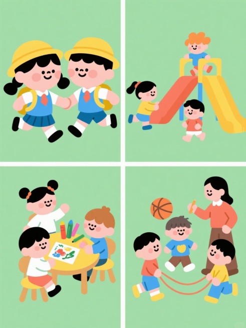 一套四个相同风格的幼儿园主题卡通插画集合，每个画面都有不同的幼儿园元素内容，整体色彩变换但保持原有的可爱扁平风格，规整排布在纯色背景上。每个插画都有圆润的线条、简洁的造型、明亮的色彩和可爱的卡通形象。第一个画面是两个穿着蓝色校服的小男孩和小女孩手牵手奔跑，戴着黄色帽子，背着黄色书包；第二个画面是几个小朋友在玩滑梯，有不同的发型和服装颜色；第三个画面是孩子们围坐在小桌子旁画画，桌上放着彩色蜡笔和……预览效果