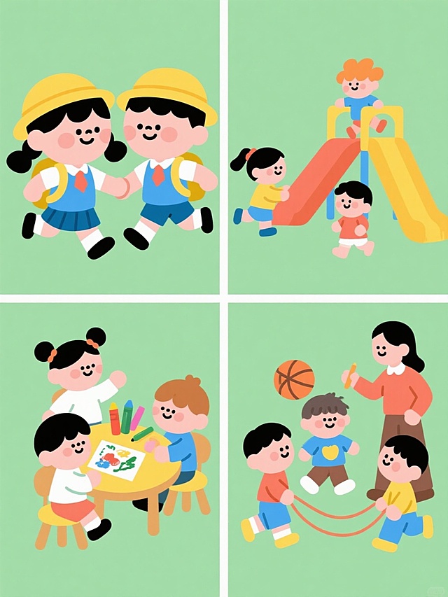 一套四个相同风格的幼儿园主题卡通插画集合，每个画面都有不同的幼儿园元素内容，整体色彩变换但保持原有的可爱扁平风格，规整排布在纯色背景上。每个插画都有圆润的线条、简洁的造型、明亮的色彩和可爱的卡通形象。第一个画面是两个穿着蓝色校服的小男孩和小女孩手牵手奔跑，戴着黄色帽子，背着黄色书包；第二个画面是几个小朋友在玩滑梯，有不同的发型和服装颜色；第三个画面是孩子们围坐在小桌子旁画画，桌上放着彩色蜡笔和画纸；第四个画面是老师带着小朋友们在户外做游戏，有的孩子在拍皮球，有的在玩跳绳。所有插画都保持相同的卡通风格和设计语言，形成一个统一的系列素材集合。