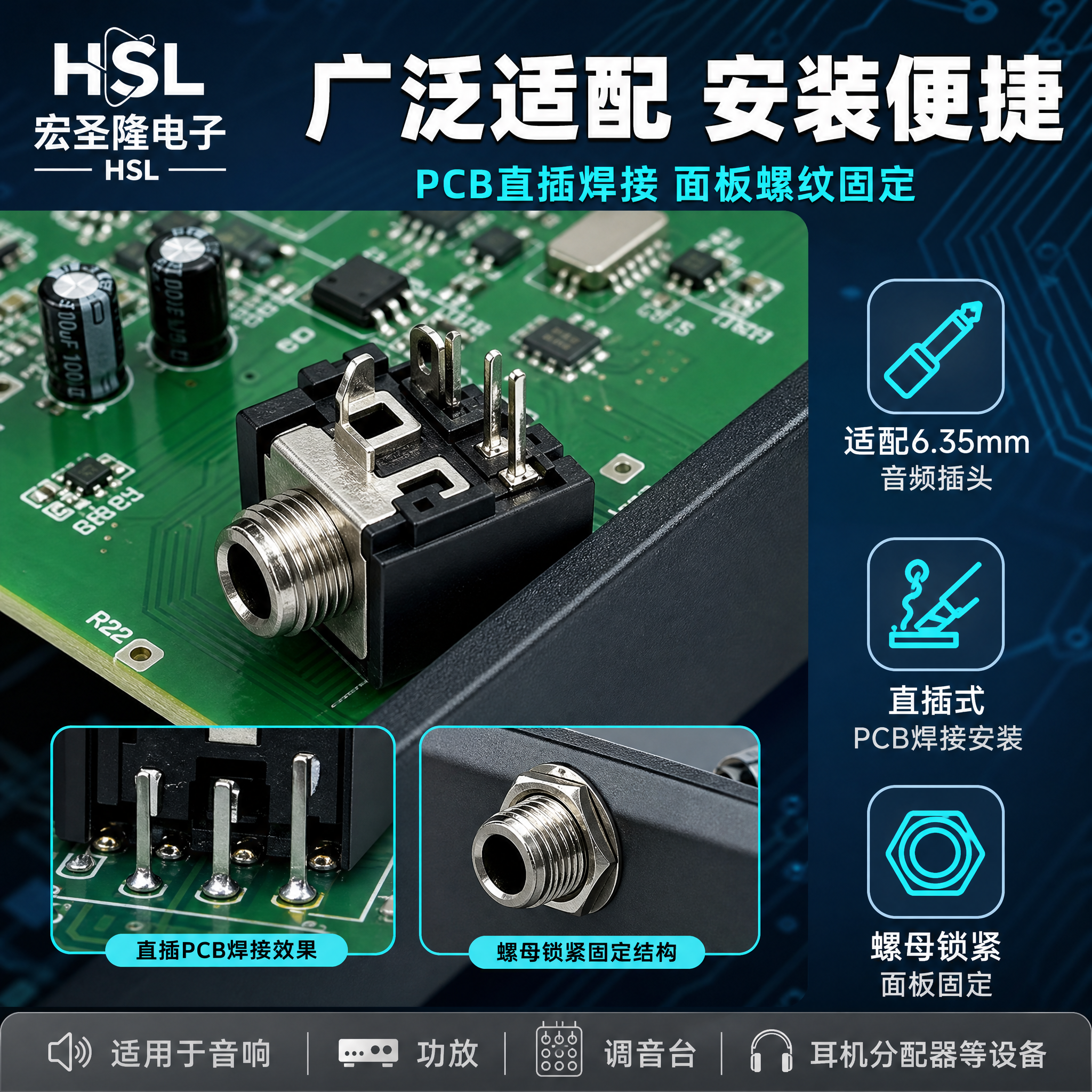 [主图-4] 应用场景与安装适配图，展示耳机插座在PCB电路板… - 图片创意预览