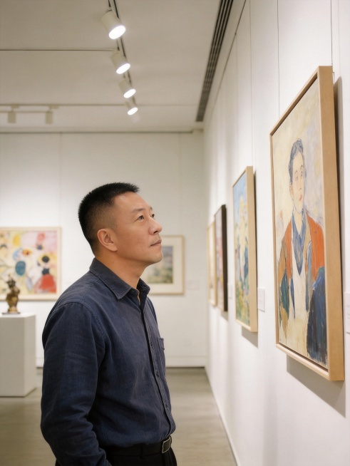 基于参考图人物特征，生成一张艺术画廊看展场景写真，中年成功男士，文艺气质，成熟品味，适合社交媒体预览效果