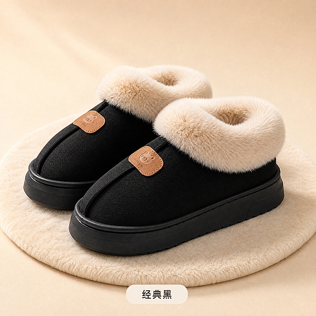 [SKU图-黑色] 包跟棉拖鞋黑色款SKU展示图。
[商品] 使用【图5】黑色包跟棉拖鞋；保留黑色鞋面、黑色厚底、米白色毛绒翻边、棕色小熊标贴、包跟结构、缝线工艺；增强毛绒蓬松感与绒面细腻纹理，不改变鞋型与结构。
[画面] 一双黑色包跟棉拖鞋呈45°侧视角度摆放在浅米色圆形绒垫上，左右脚完整出镜，鞋子主体占画面约70%。鞋口厚实的米白色毛绒翻边清晰可见，鞋面上棕色小熊标贴细节完整，厚底鞋底轮廓分明。背景为纯净的浅米色渐变，柔和均匀。
[视觉] 套系策略：风格=温馨居家高级商业摄影；标题字=现代无衬线粗体；正文字=简洁无衬线体；主色=暖米杏；背景延展=基于暖米杏做深浅层级、同色渐变和细腻织物质感；强调色=焦糖棕；标题色=深暖棕；正文色=中暖灰；组件=圆角浅底标签；光影=左前侧暖金色柔光。
[光影质感] 柔和侧上方自然光，鞋身绒面材质呈现细腻肌理，毛绒部分蓬松柔软有光泽，鞋底有自然接触阴影，整体光影温暖舒适。
[文字] 底部居中颜色标签「经典黑」，小号字体，圆角浅底标签样式。
[规格] 1:1正方形，2048x2048，2K，产品清晰锐利，材质质感真实，无变形、无水印、无平台Logo。