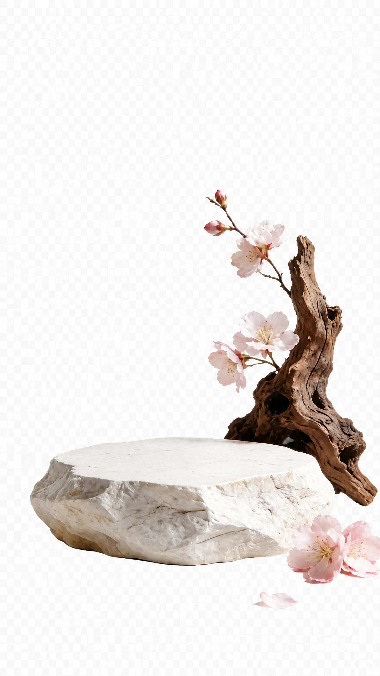 将图片背景去除，保留前景的石头、枯木和樱花主体，生成透明背景的… - 图片创意预览