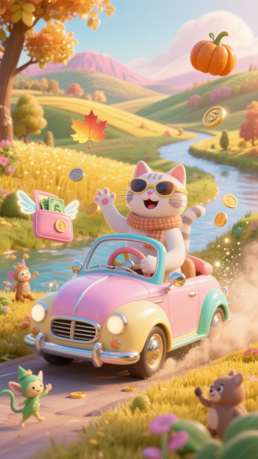 奇幻风格3D动画插画，画面中央是一只欢快的拟人化小猫，坐在复古糖果色汽车的方向盘后，小猫表情活泼，佩戴围巾和风镜，汽车为粉蓝、奶油黄、薄荷绿的复古糖果色，圆润造型，有镀铬装饰。背景是神奇的秋季乡村，层预览效果