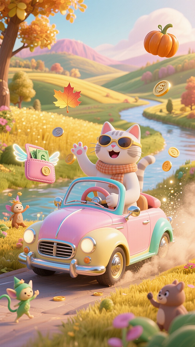 3D卡通风格，拟人猫咪驾驶复古车，波普艺术色彩，金币飞舞，秋日欢乐场景。