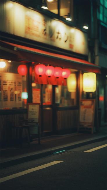 夜晚城市街道的胶片摄影风格背景素材，画面整体呈现干净的复古质感，具有明显的胶片颗粒感和色彩偏暖的色调，光线昏暗柔和，主要光源来自模糊的店铺暖黄色灯光和街灯的红色光晕，形成横向的动态模糊效果，背景中隐约可见建筑物的轮廓和街道的线条，整体氛围宁静而略带梦幻，没有明显的主体物体，适合作为背景使用，色彩和谐统一，以深色调为主，点缀温暖的橙黄色和红色光斑，光影过渡自然，构图简洁，留白恰当，给人一种静谧而……预览效果
