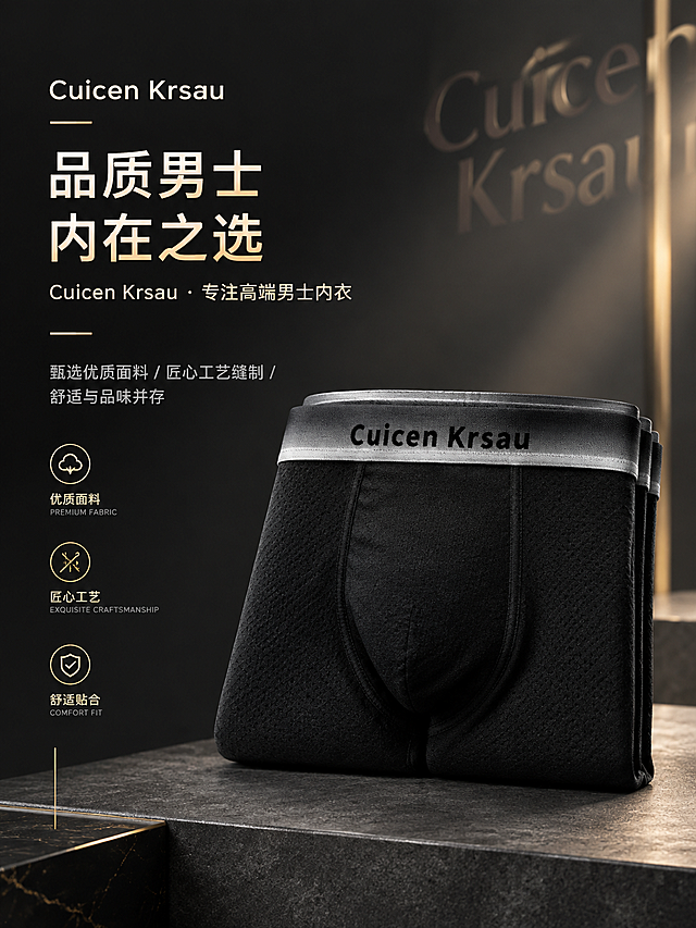 [商品] 使用【图1】黑色款Cuicen Krsau男士平角内裤；保留内裤版型、网眼面料、渐变腰边、"Cuicen Krsau"品牌字样、黑色和缝线细节；商品处理：去除假人模特，将内裤以精致立体折叠方式呈现，自然理顺面料褶皱，增强黑色面料的高级哑光质感与腰边品牌字清晰度，不改变版型。
[画面] 目标：品牌理念页，传达Cuicen Krsau高端男士内衣品牌调性；构图：左文右图布局，右侧内裤主体占画面45%，左侧留白放品牌文案；景别：中景；前中后景：前景深灰色质感台面，中景黑色内裤立体陈列，后景深灰渐变背景配品牌字母光影；场景：高端男士生活方式影棚，沉稳大气。
[视觉] 套系策略：风格=高端轻奢男士内衣商业摄影；标题字=现代无衬线粗体中英混排；正文字=简洁无衬线细体；主色=深炭灰+黑金；背景延展=基于深炭灰做渐变层次、细腻哑光质感；强调色=香槟金，仅用于小面积品牌装饰线和图标；标题色=米白+香槟金渐变；正文色=浅暖灰；组件=细金线分隔、极简图标；光影=右侧主光+左侧弱补光，营造沉稳高级的影棚氛围。
[文字] 左侧上方主标题"品质男士 内在之选"，副标题"Cuicen Krsau · 专注高端男士内衣"，下方配品牌理念短句"甄选优质面料 / 匠心工艺缝制 / 舒适与品味并存"，所有文字横排，排版优雅有呼吸感。
[规格] 图片比例3:4竖版，4K，负向提示：避免假人模特、白底图、文字模糊、变形、错字、低俗展示、颜色偏差、褶皱杂乱。