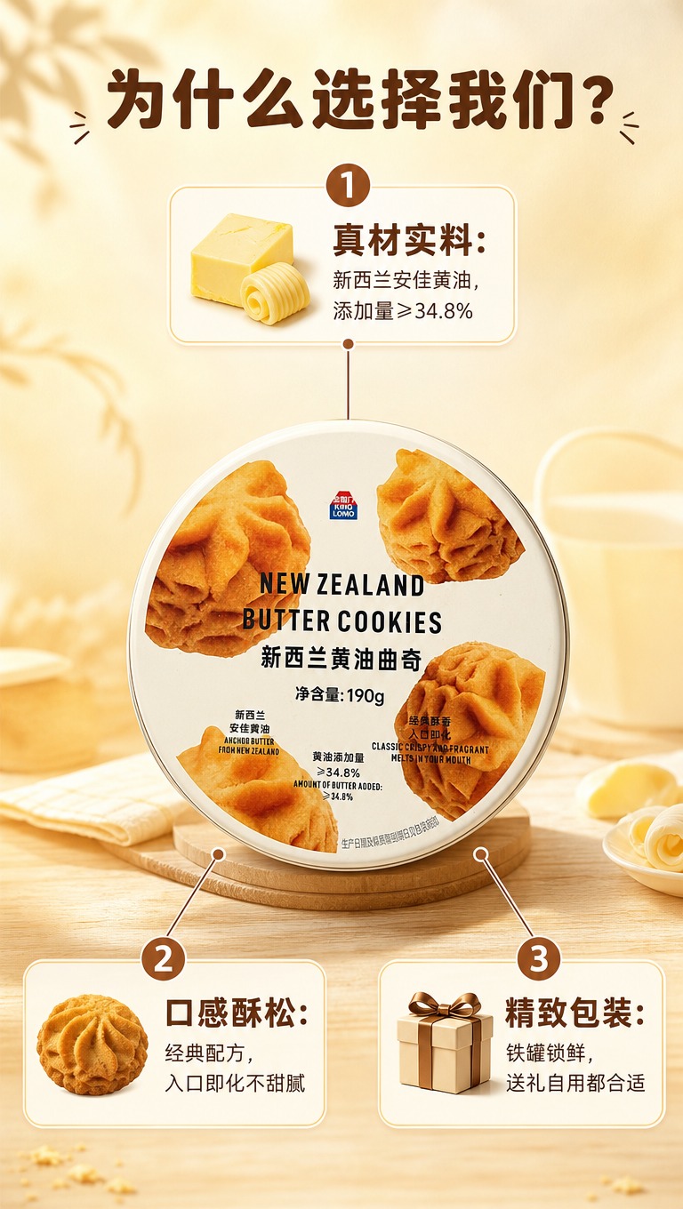 [商品] 使用【图1】金粒门新西兰黄油曲奇190g圆形铁罐装；… - 图片创意预览