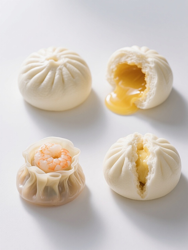一组4个不同中式点心的美食摄影集合，保持超写实风格，白色纯净背景，每个点心都有精细的纹理和自然光线效果，高清细节展现食物质感。左上角是一个完整的叉烧包，表面有细腻的褶皱；右上角是一个被切开的流沙包，金黄的内馅自然流淌；左下角是一个完整的虾饺皇，半透明的饺皮隐约可见饱满的虾仁；右下角是一个被掰开的奶黄包，松软的外皮包裹着细腻的奶黄内馅。所有点心整齐排列成2x2网格，整体构图平衡对称，光线统一从左上方照射，形成柔和的阴影，突出食物的立体感和新鲜感。