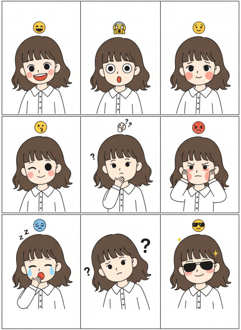 保持人物主体不变，创作一组简笔画风格表情包，搭配一些emoji图标，包含表情不同、姿势不同的九宫格表情包预览效果