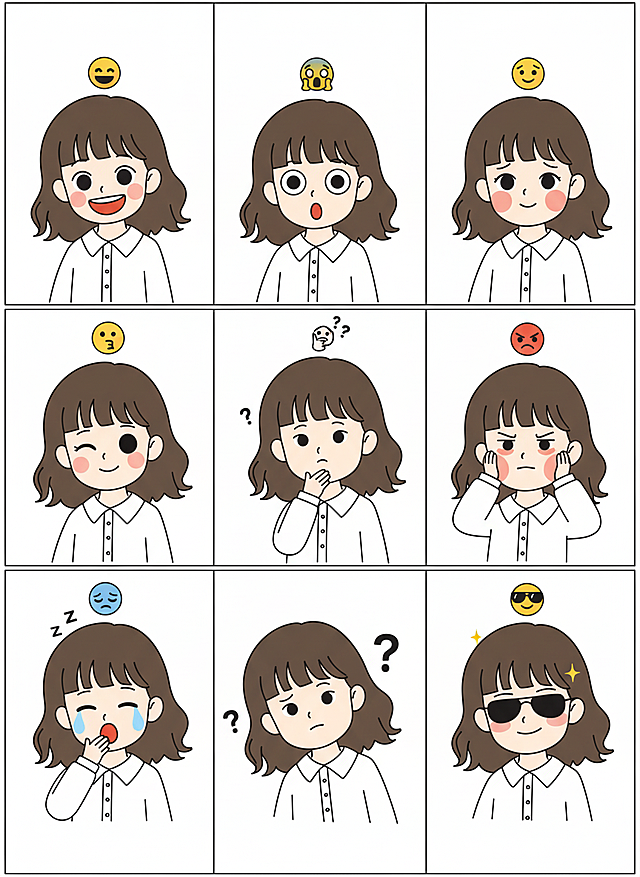 保持人物主体不变，创作一组简笔画风格表情包，搭配一些emoji图标，包含表情不同、姿势不同的九宫格表情包