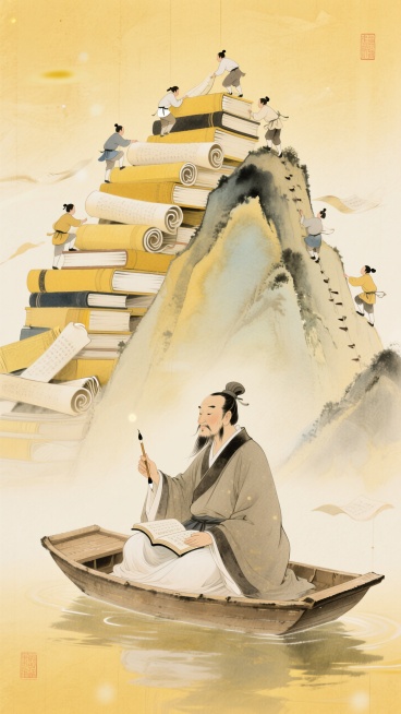 背景为宣纸，古风黄色为主色调。一个巨大的古代老师盘坐在小船上，左手拿着书卷，右手拿着毛笔点在由书本构和卷轴构成的山上，有几个书生在攀爬这座山。背景是古风元素。预览效果