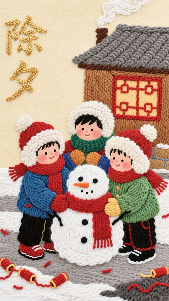 画面主题是除夕乡村娱乐场景，画面中有三个小朋友，穿戴着毛茸茸的帽子、围巾、手套和棉袄、棉鞋，一起堆雪人玩，背景是中国八九十年代乡村小屋，炊烟袅袅，窗户上印着窗花，地面上带有鞭炮屑。和面左上角写着“除夕”两个字