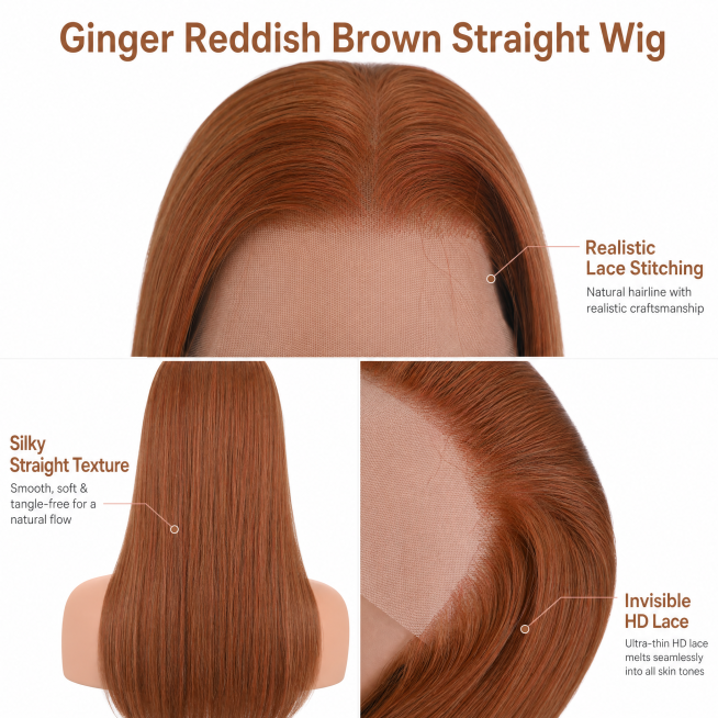 [Single product main image] Reddish brown straight lace front wig, showcase the realistic delicate l预览效果