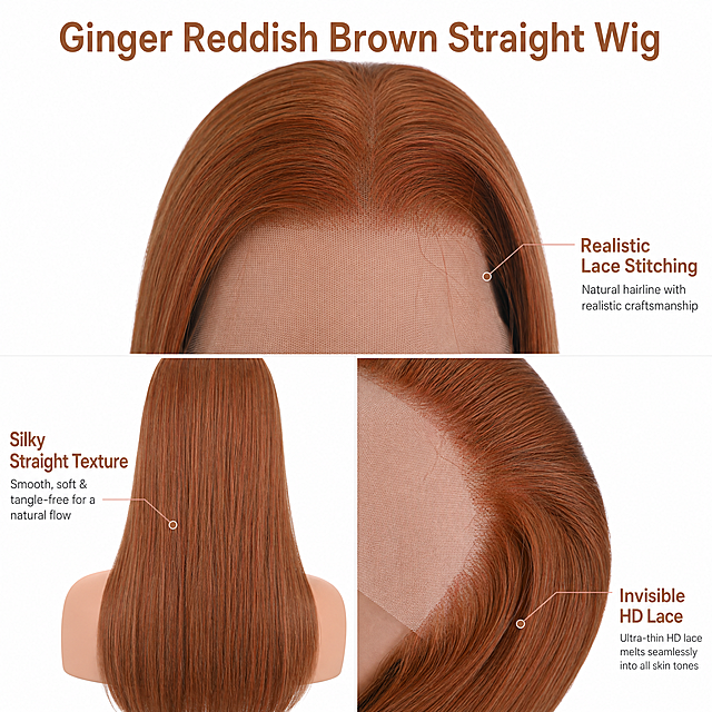 [Single product main image] Reddish brown straight lace front wig, showcase the realistic delicate lace stitching. Advanced and high-end atmosphere main image, for Amazon platform. Combine the three detail images from user input to present the product on one picture, highlight the natural hairline, straight silky texture, and the exquisite invisible lace stitching craftsmanship. Keep the hair color (reddish ginger brown) and the lace netting material consistent with the original pictures, no color distortion. [Composition layout] Use double-subject refreshing endorsement layout, place the three details in a coordinated combination: the front lace detail on the top, full hair back view on the lower left, side lace section on the lower right, the product combination accounts for about 50% of the picture. Clean white background (compliant with Amazon specification), large enough product, clear structure. [Light and texture] Professional commercial product photography, soft studio even lighting, clear focus on the lace stitching area, high-definition detail display, realistic texture, transparent layering, no harsh shadows. [Color matching] Mainly pure white background, highlight the reddish brown hair color, color coordination clean. [Text layout] All English, add text descriptions: top "Ginger Reddish Brown Straight Wig", fine lead lines to mark "Realistic Lace Stitching", "Silky Straight Texture", "Invisible HD Lace", all fonts are clean sans-serif, text size is clearly layered, text does not block the main product details, meets the Amazon specification. [Proportional resolution] 1:1 ratio, 2048x2048 2K resolution, all text clear and legible. [Negative prompts] Deformed hair, blurred details, messy background, watermark, Chinese characters, text overlapping product, distorted lace structure, color difference.